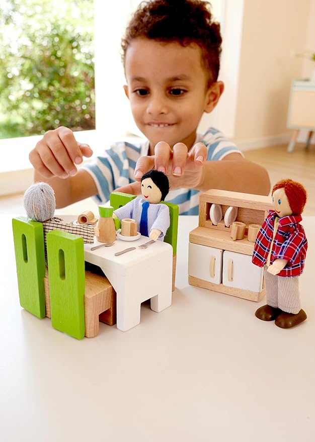 Hape Wooden Doll House Furniture Dining Room Set with Accessories| 1:12 Scales Miniature Dollhouse Furniture