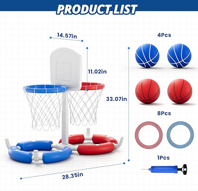 Double Pool Basketball Hoop with Backboard, 2-in-1 Floating Pool Toys Ring Toss Game, 2 Player Games Summer Outdoor Water Toys Gifts for Kids Ages 4-8 8-12 & Adults, Family Swimming Pool Party