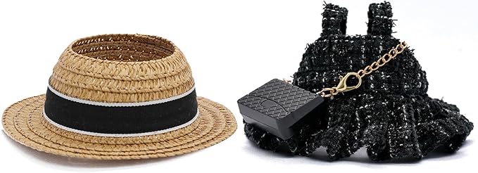 17cm Doll Clothes- Luxury Chic Style Set High-End Fashion Accessories - Premium Handmade Clothes 3 Piece Set Hat & Black Bag & Dress Adjustable Outfit (No Doll) - Pure Black - No Logo