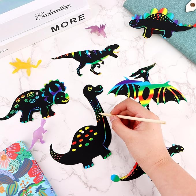 Droutti 64 Sets Dinosaur Theme Scratch Cards Rainbow Scratch Paper Dinosaur Crafts Art Card Kit DIY Scratch Dinosaur Paper with Wood Stylus and Ribbon for Classroom Craft Birthday Party Supplies