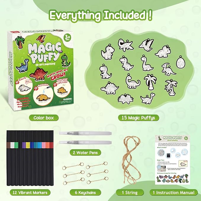 Taotuo Magic Foam Texture Painting Kit - Dinosaur Theme 3D Art Puffy Paint Kit,15 Mess-Free Paint by Number Craft for Kids Ages 3-10