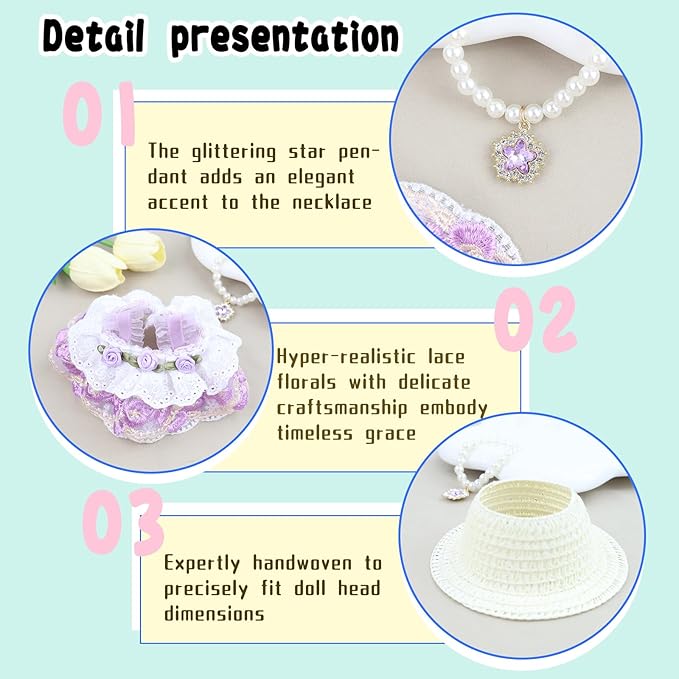 Clothes for labubu Skirt Set for Doll 3 Piece Set with Dress Outfit Hat Necklace Chic Dress for Dolls Accessories (NO Doll)(Lavender Lace)