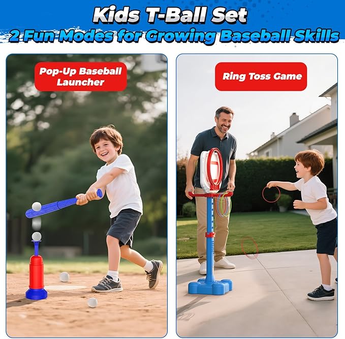 EagleStone 4-in-1 Toddler Basketball Hoop and T Ball Set, Adjustable Height Basketball Hoop,Tee Ball & Ring Toss Toy, Outdoor Indoor Sports Gift for Boys Girls Toddlers Ages 3-8