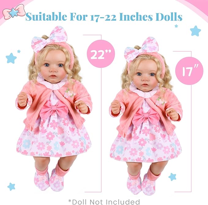 BABESIDE 5-Piece Reborn Baby Doll Clothes Set Fits 17-22 Inch Dolls with Floral Dress, Headband, Coat, Baby Doll Reusable Diaper and Socks,Pretend Play Accessories for Ages 3+