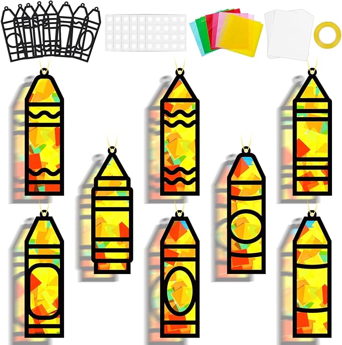 32 Sets Back to School Crayon Suncatchers Craft Kit DIY Window Stained Glass Effect Crayons Paper Crafts for Home School Classroom Decoration Kid Birthday Gifts Creative Art Projects Activity Game