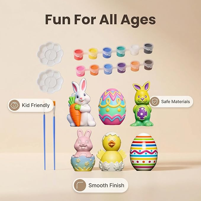 GloomGlo Easter Plaster Painting Kit, 6-Piece Paint Your Own Easter Crafts, DIY Arts & Crafts for Kids & Adults (6pcs)