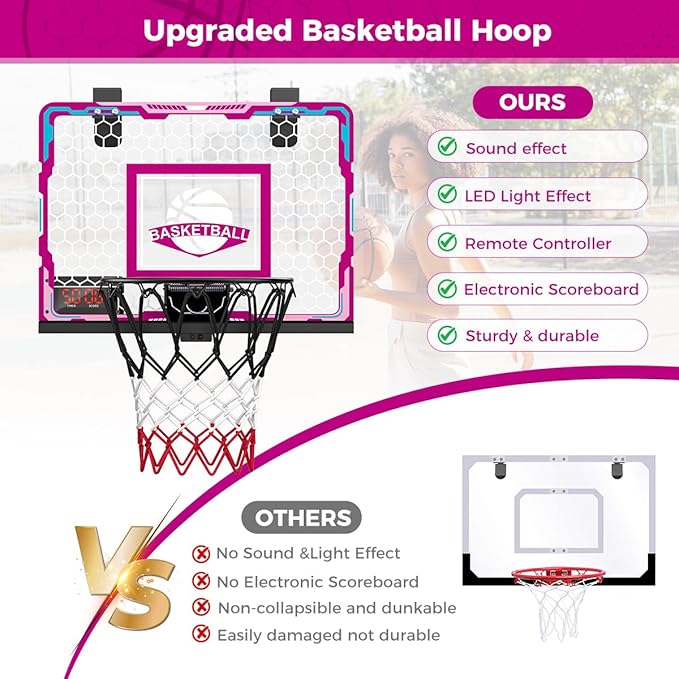 VATOS Basketball Hoop for Girls Indoor, Pink Basketball Hoop with 7 Color Lights, Electronic Scoreboard & Remote Controller, Basketball Set Toys Birthday Gifts for Girls Kids Teens 5-12