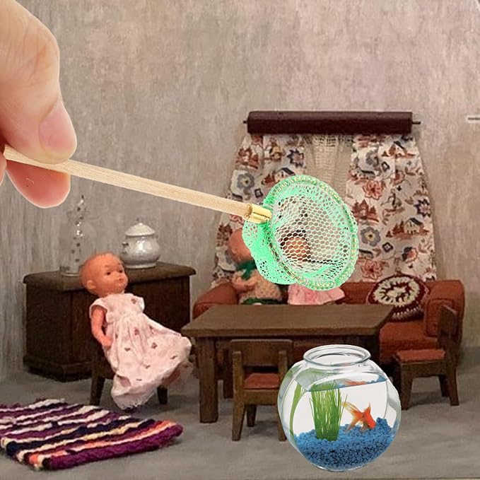 Toddmomy Miniature Fishing Rod and Net Small Decorative Dollhouse Fishing Pole Models for Fairy Garden Living and Bedroom Scene Accessories