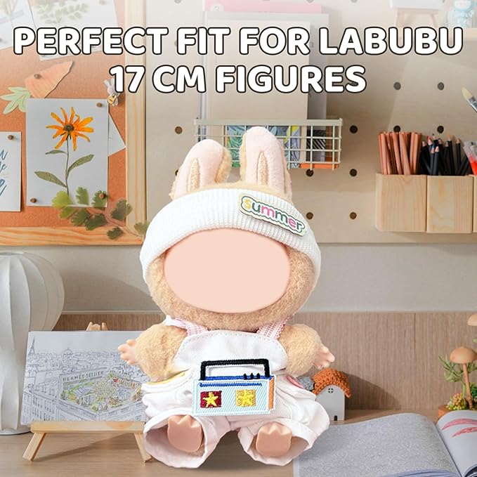 17cm Doll Clothes Set for Labubu – White Outfit with Headband & Overalls – Designer Clothes for 17cm Sitting or Standing Dolls (No Doll)