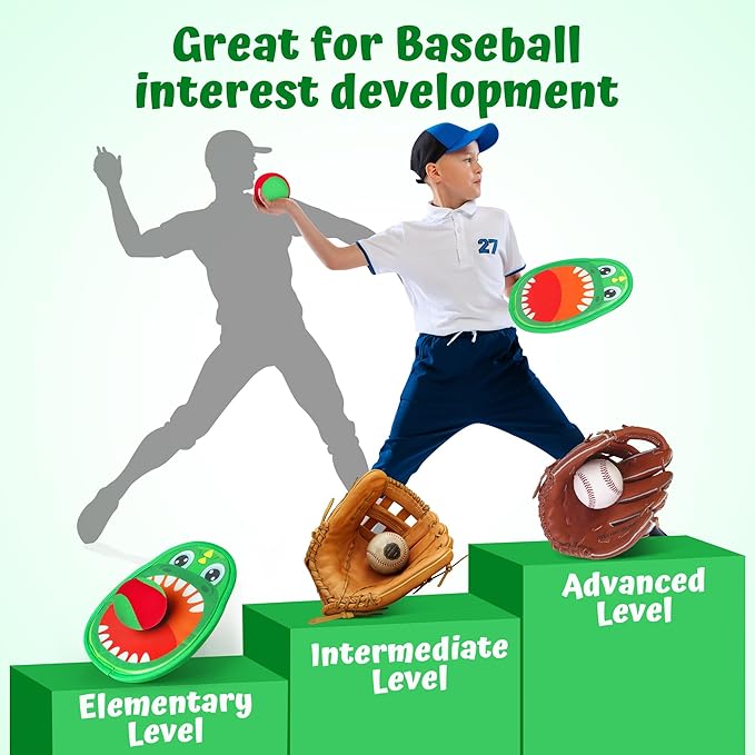 10.6 In Big Dinosaur Toss and Catch Ball Set, Catch Game Toys for Kids 3 4 5 6 7 8 9 10, Outdoor Yard Games Beach Toys for Family Outside Activities w/4 Big Rackets, 4 Balls, 1 Drawstring Bag