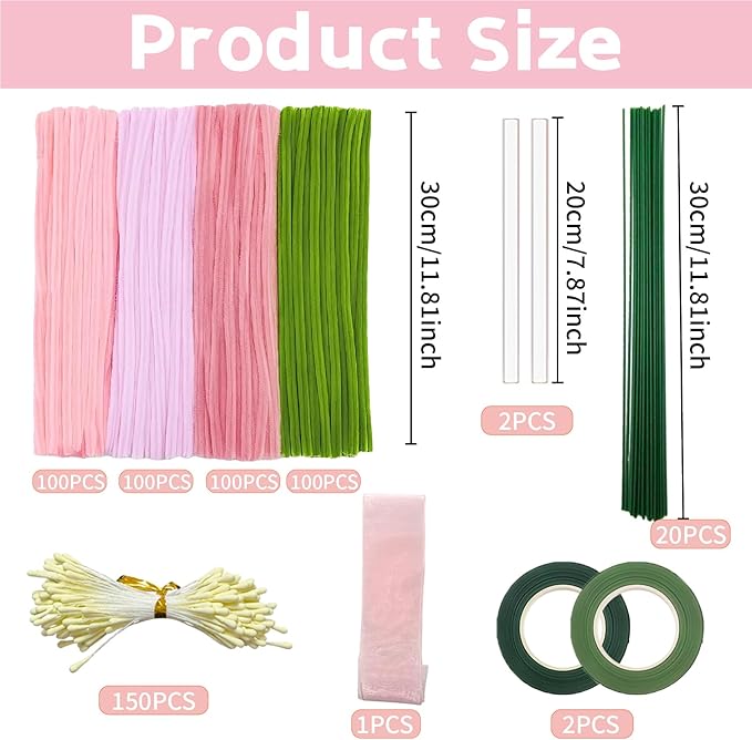CllyCnny Pipe Cleaners Craft - 400 PCS Chenille Stems Flower DIY Kit Green Pink Pipecleaners Bulk with Stamens Floral Stems Tapes Ribbons Instructions for Tulip Bouquet Making Arts and Crafts Supplies