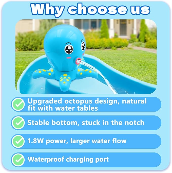 Water Table Pump, Octopus Battery Powered Water Pump for Water Table 3 Hours Non-Stop Fun Summer Outdoor Water Toys Outside Water Play Table Accessories for Toddlers Kids (Blue)