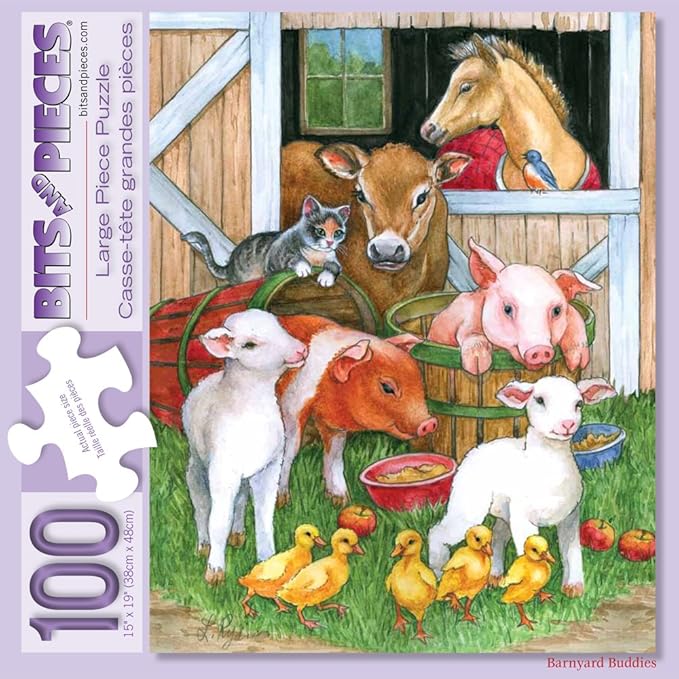 Bits and Pieces – Barnyard Buddies Jigsaw Puzzle for Adults – Farm Animals (Sheep, Pigs & Horses) by Lorraine Ryan – Charming Country Artwork with Random Die-Cut Pieces (100 Piece Puzzle)
