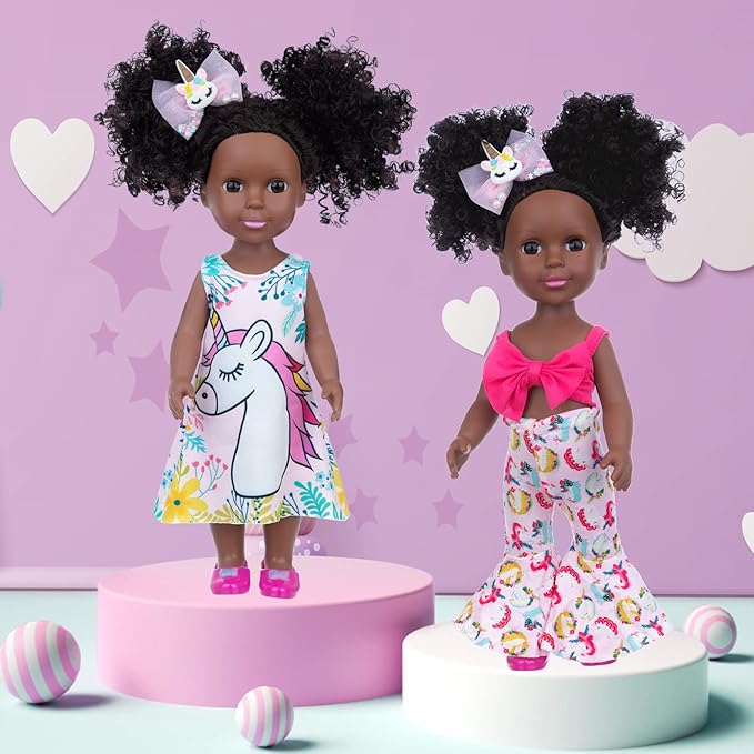 ZQDOLL Black Doll and Black Baby Doll Clothes 14.5 inch African American Silicone Girl Doll with 2 Sets Clothes and Travel Equipment Camera Backpack Glasses etc - Best Gift for Kids Girls