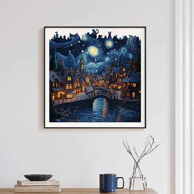 Jiroinlly Wooden Puzzles for Adults 500 Pieces, Starry Sky Town, 5MM Thick Adult Jigsaw Puzzles, Unique Shaped Puzzle for Family and Friends, Home Wall Decor, Exquisite Packaging Gift, 15.5x15.8 in