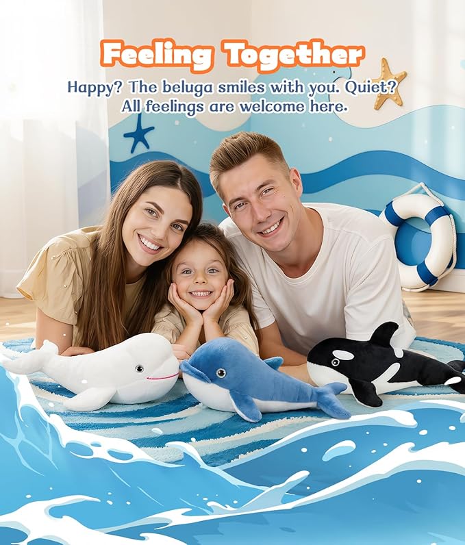 Tezituor Whale Stuffed Animal,3PCS Whales Plush Toys Set,Orca Whale,Beluga Whale,Blue Whale,Gifts for Kids Boys Girls Christmas Birthday