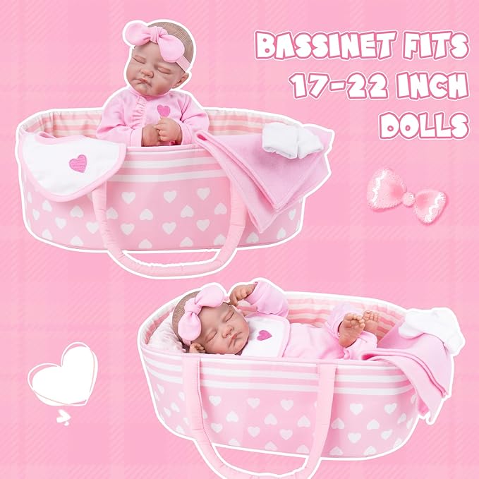 Aori Reborn Baby Dolls Bassinet Foldable Baby Doll Carrier Bed Soft Doll Carrier Doll Accessories with Handle for 17-22 inch Baby Dolls Girls (Pink)