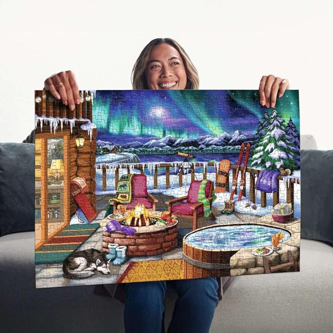 Ravensburger - Northern Lights - 500 Piece Large Format Jigsaw Puzzle - Stunning, Bold, Vivid Image of The Phenomenon - Warm Fireside Cabin - Premium Quality - Puzzles for Adults