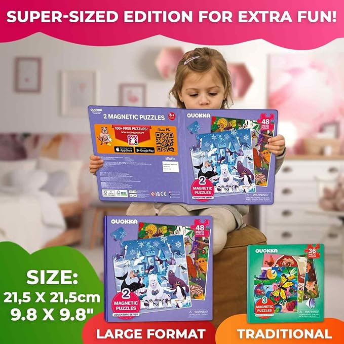 QUOKKA Magnetic Puzzles for Toddlers 3-5 – 2x48 Pieces Travel Games for Kids 2-4 – Polar & Jungle Animals Learning Magnetic Puzzles for Kids Ages 4-8 – Educational Puzzle Gift Toy for Boys and Girls