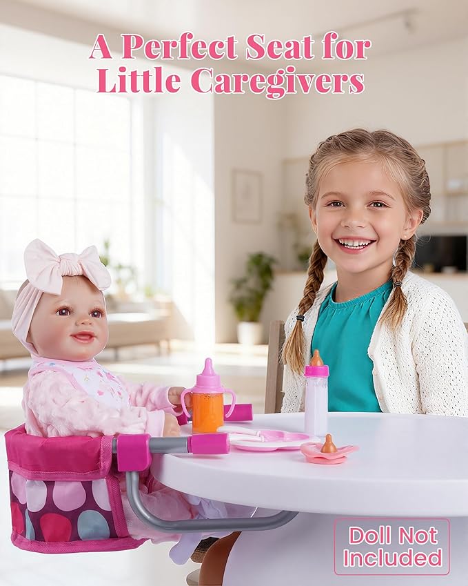 BABESIDE Baby Doll High Chair with Feeding Accessories, Doll High Chair Set for 12-20 Inch Dolls,Baby Doll Highchair & Feeding Set for Pretend Play, Perfect for 3+ Year Old Kids Boys & Girls