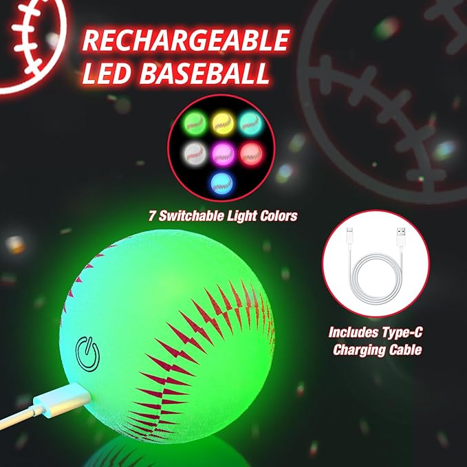 3-in-1 LED T Ball Set for Kids, Adjustable Height, Hanging Tee Ball Set with Baseball Launcher/4 Softballs/Light Up Bat, TBall Stand Sport Toys, Baseball Gifts for Boys Girls Age 3-5