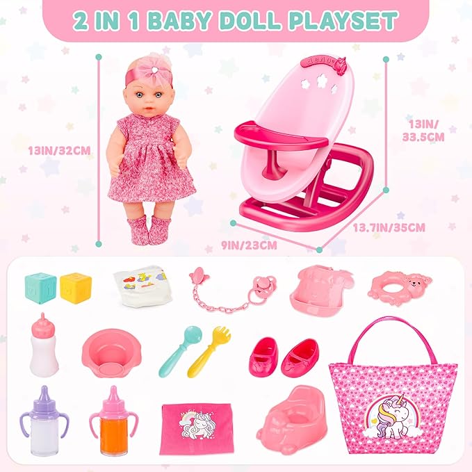 deAO Baby Doll Playset Baby Doll Crib Bed Set Adjustable 2 in 1 Baby High Chair and Rocking Bed, Baby Doll Accessories with 13 Inch Dolls, Feeding Pretend Play Toy Gift for Toddler 3+ Years Old
