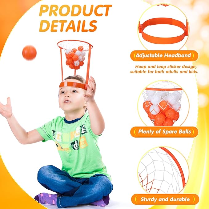 Head Hoop Basketball Party Game Set for Kid Adult Carnival Game Portable Adjustable Basket Net Headband with Balls for Birthday Carnival Office Indoor Outdoor Activity Fun Gift Back to School