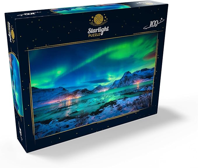 MyPuzzle Aurora Borealis Over Sea Coast, Lights At Night. Northern Lights On Lofoten Islands, Norway - Premium 100 Piece Jigsaw Puzzle for Adults