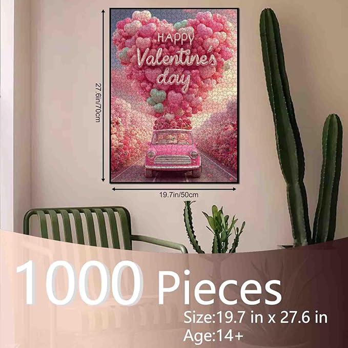 Valentines Puzzles 1000 Pieces Jigsaw Puzzle for Adults, Heart Balloons Decorate Car Puzzle Challenging with Poster - Fun Adult Puzzle Game for Game Night (27"x20")