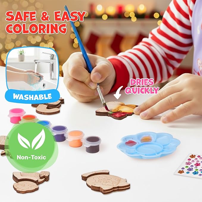 JoyCat DIY Wooden Magnets Kit, 13 Pcs Christmas Art Supplies, Painting Kit, Arts and Crafts for Kids Ages 4-8 8-12, Party Favors, Christmas Crafts, Birthday Gifts, Toys for Boys Girls