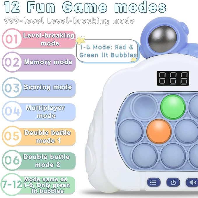 Quick Push Pop Fidget Toys for Kids & Adults, 12 Game Modes Upgraded Light Up Fast Push Bubble Handheld Toy, Stress Relief & Party Favors, Christmas & Birthday Gifts for 3-12 (Astronaut)