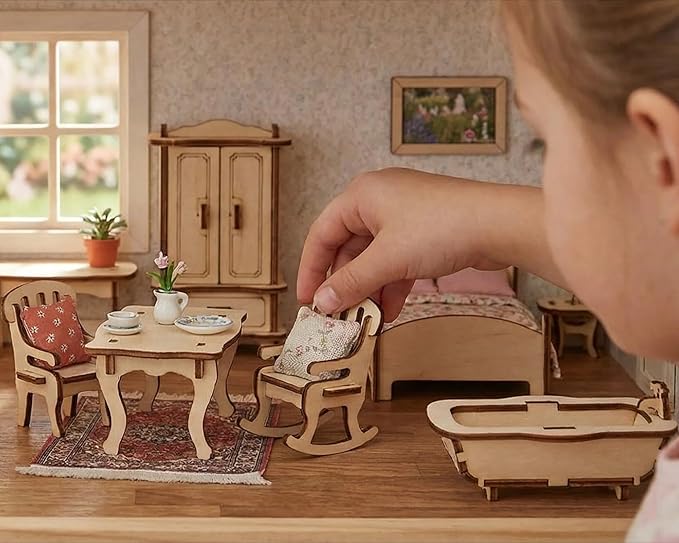 BOHS 34-Piece Dollhouse Furniture Set -1/24 Scale, Laser Cut Wooden 3D Puzzles - Miniature Doll House DIY Models and Accessories