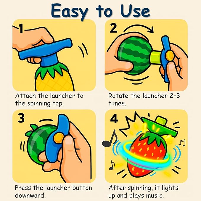 Fruit Spinning Tops for Kids, Stocking Stuffers & White Elephant Exchange Toys – 4 Pack Fruit-Themed Light-Up Toys with Music for Boys & Girls Toddlers