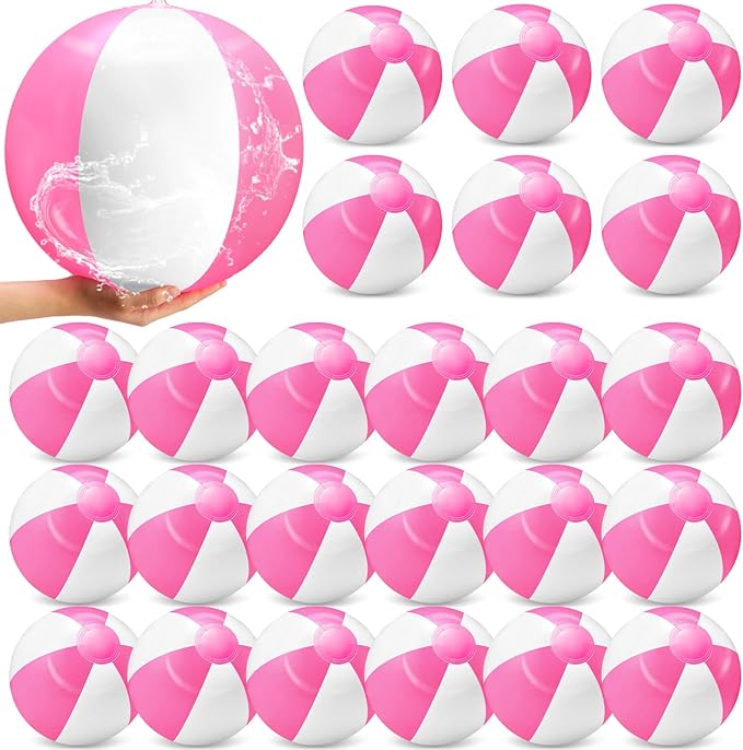 24 Pack 20 Inch Pink and White Inflatable Beach Balls Bulk PVC Beach Balls Blow up Water Games Toys for Kids Summer Swimming Pool Party Favors Hawaiian Tropical Theme Party Supplies