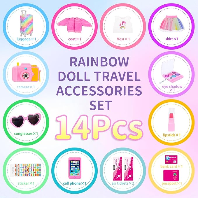 18" Doll Accessories Suitcase Doll Travel Playset Rainbow Style for Kid Christmas Birthday Gifts
