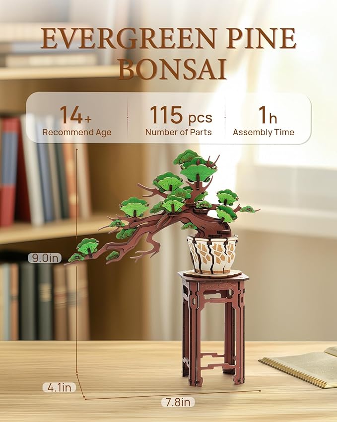 Rowood 3D Wooden Puzzles for Adults,DIY Pine Bonsai Tree Botanical Collection Building Set,Craft Kit Gift for Adults on Christmas Birthday ThanksgivingDay-Evergreen Pine Bonsai