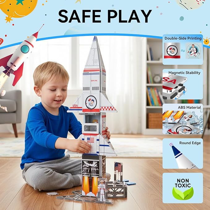 Magnetic Tiles Space Rocket Set,46 PCS Magnetic Building Blocks for Kids 3+, STEM Learning Toys, Safe & Durable Creative Construction Play, Gift for Boys & Girls