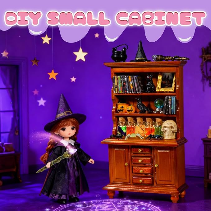 Rileryan 53 Pcs 1:12 Scale Magic Witchy Mini House Kit Halloween Miniatures Accessories Wooden Furnitures Bookshelf Bookcase 30 Mini Books Halloween Decoration