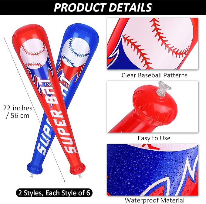 durony 12 Sets Inflatable Baseball Bats and Mini Foam Baseball Sports Stress Ball Sports Party Favors for Baseball Party Supplies Sports Theme Toy