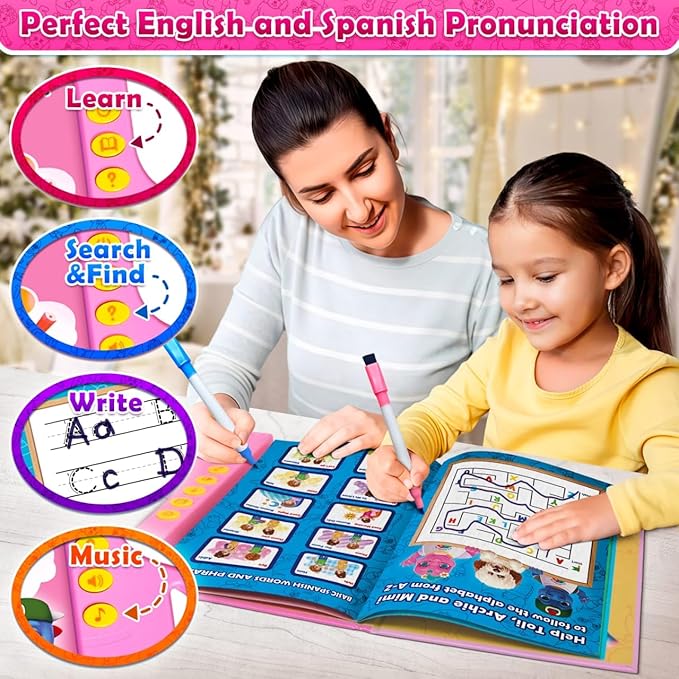 ABC Learning Sound Book for Toddlers 3–5 – Interactive Busy Book with English & Spanish, Alphabet, Counting, Music & Tracing Activities, Montessori Educational Toy, Holiday for Kids