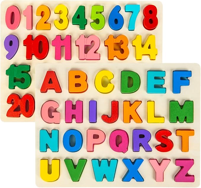Attmu Wooden Puzzles for Toddlers, 2 Pcs Alphabet Puzzle ABC Shape Number Puzzle, Learning Toys for Kids, Preschool Educational Activities Toddler Gift Toys for Girls Boys Christmas Valentines Easter