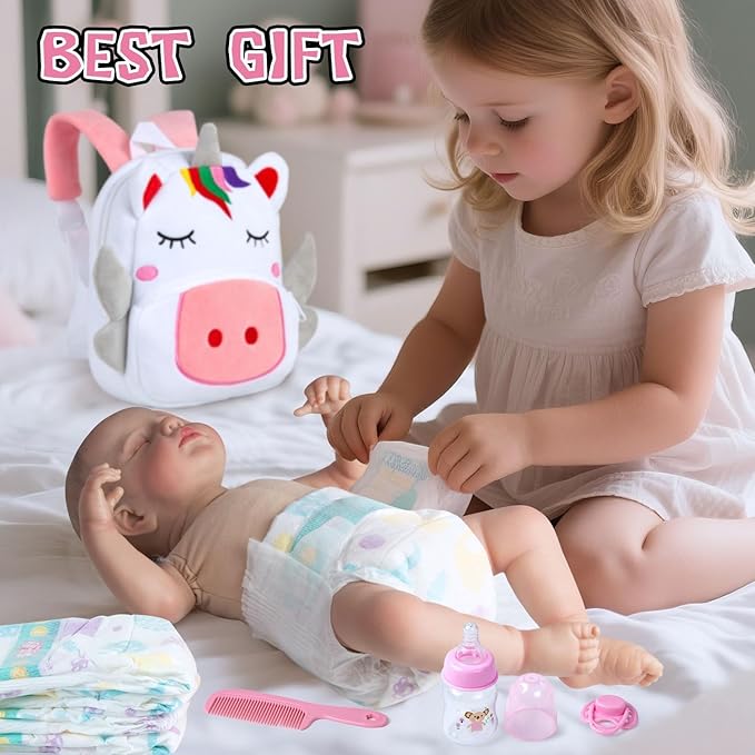 10 Pcs Reborn Baby Doll Diaper Bag Feeding and Caring Set for 17-24 Inch Reborn Dolls Accessories Newborn Baby Gift with Unicorn Backpack Pacifier Bottle Comb