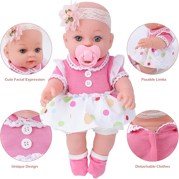 DONTNO 12 Inch Baby Doll with Bassinet Bed,Reborn Alive Doll Includes Clothes and Accessories,Bottles,Nipple,Diaper,Burp Cloth,First Baby Dolls for Toddlers 36 Months and Up