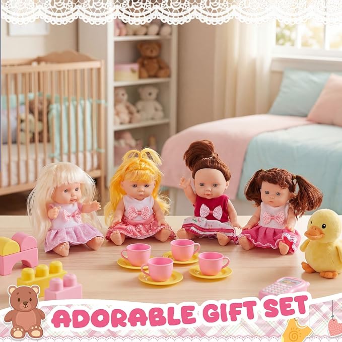 Halloscume 7 Inch Mini Baby Mini Reborn Doll Vinyl Full Body Lifelike Dolls Baby with Weighted Cloth Reborn Gift Set for Kids, Gifts for Christmas Kids(4 Pcs,Long Hair)