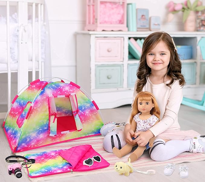 ZITA ELEMENT 7 Items Fashion Camping Tent Set for 18 Inch Girl Doll Accessories - Including 18 Inch Doll Camping Tent, Sleeping Bag, Clothes Set, Shoes, Camera, Eye Glasses and Toy Dog
