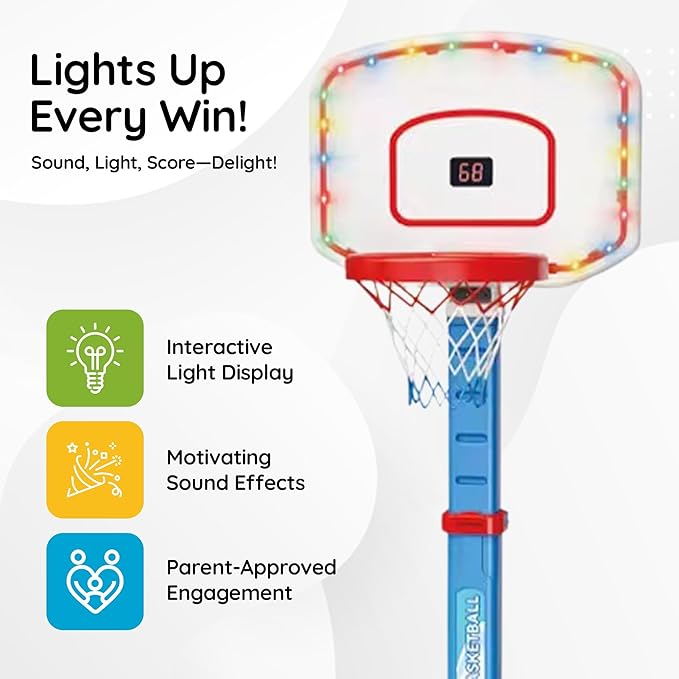 Basketball Hoop Set for Kids Toddler Indoor Outdoor, Digital Scoreboard, Adjustable Height 3 Levels, 2 Balls, Easy Setup, Poolside Sports Portable Goal, Ages 3-12, Toy for Boys Girls.