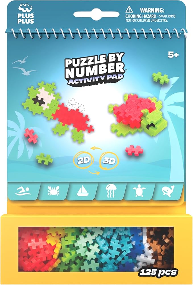 Plus Plus Puzzle By Number Activity Pad, Kids Travel Activities, Interlocking Mini Building Blocks, 3D Puzzle Stem Toy for Kids - Ocean