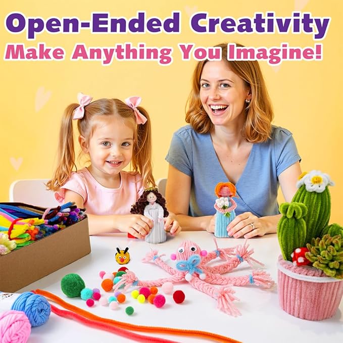 FUNSHOWCASE Craft Box with 1000 Supplies – Pipe Cleaners, Yarn, Pom Poms, Tools