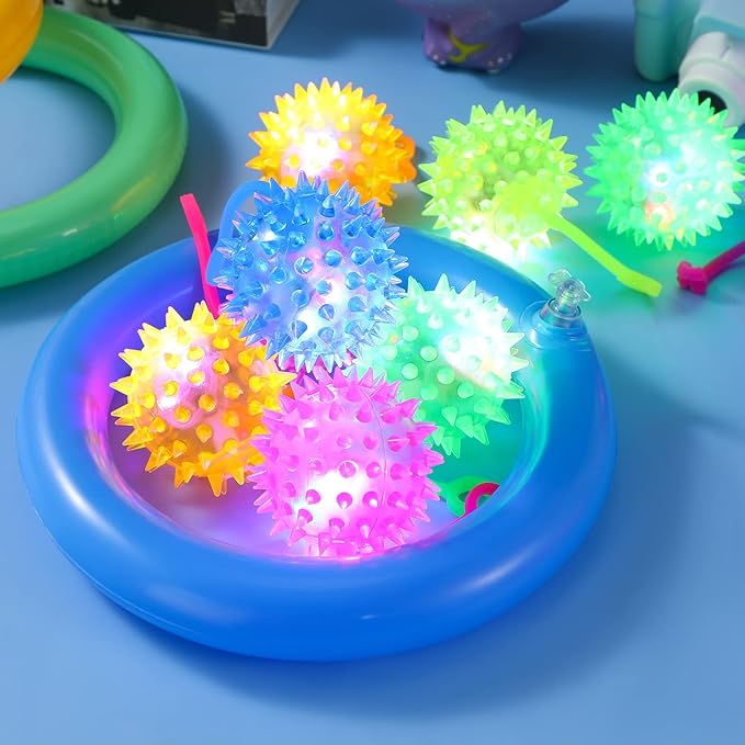 Sotiff 400 Pcs Light up Ball Spiky LED Bouncy Ball Flashing Squeaky Multicolor Puffer Toy Rubber Sensory Toy Carnival Prizes Bulk Party Favors for Teens, Adults, Children