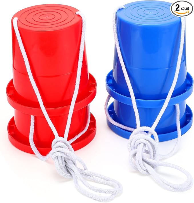 Meooeck 2 Pairs Walking Stilts Balancing Bucket Cup Thickened Plastic Stilts with Adjustable Rope for Kid Balance Coordination Birthday Playground Game Party Favor